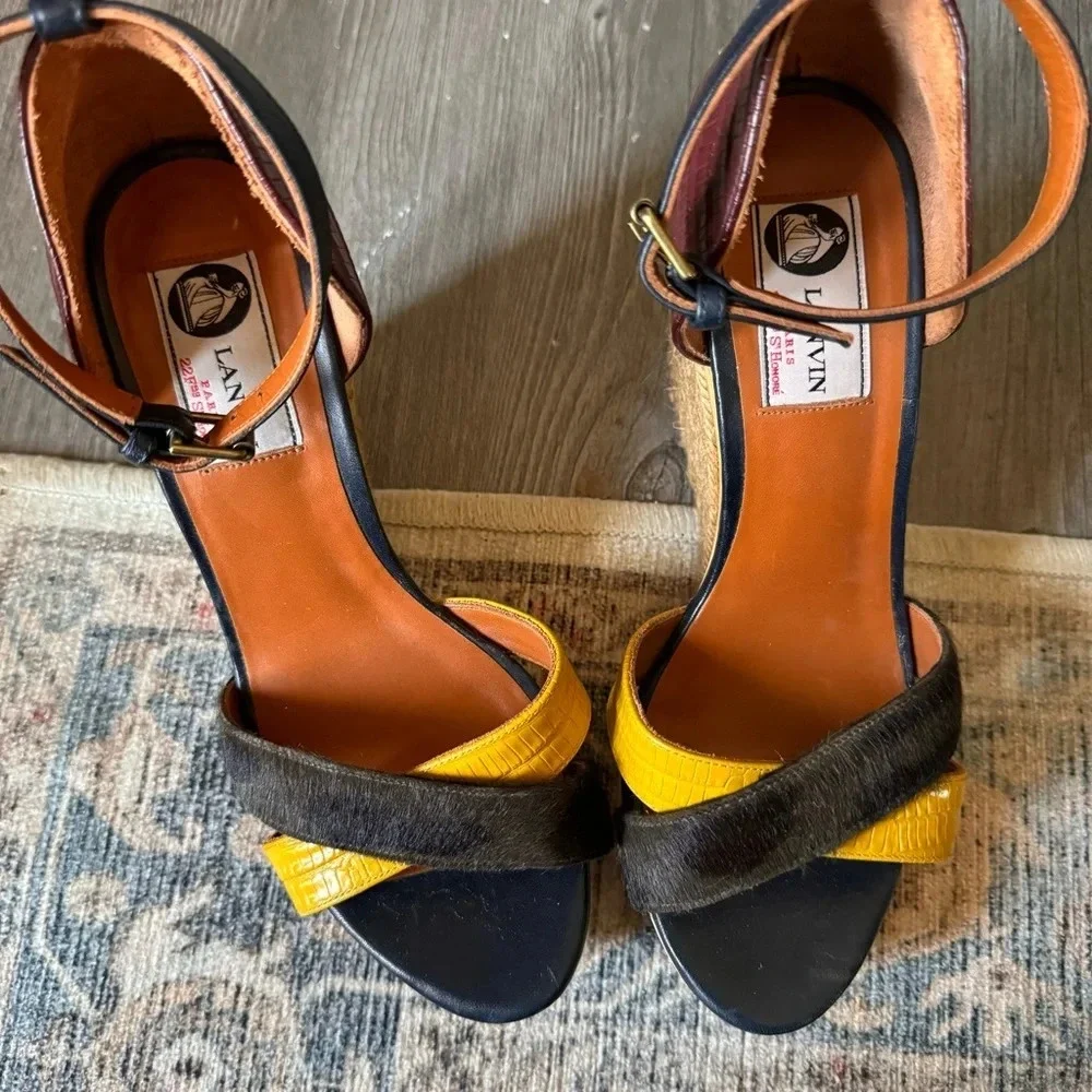 Lanvin Espadrille Leather Wedge Sandal Ankle Strap Paris 37 Multicolor Emboss - Picture 6 of 9